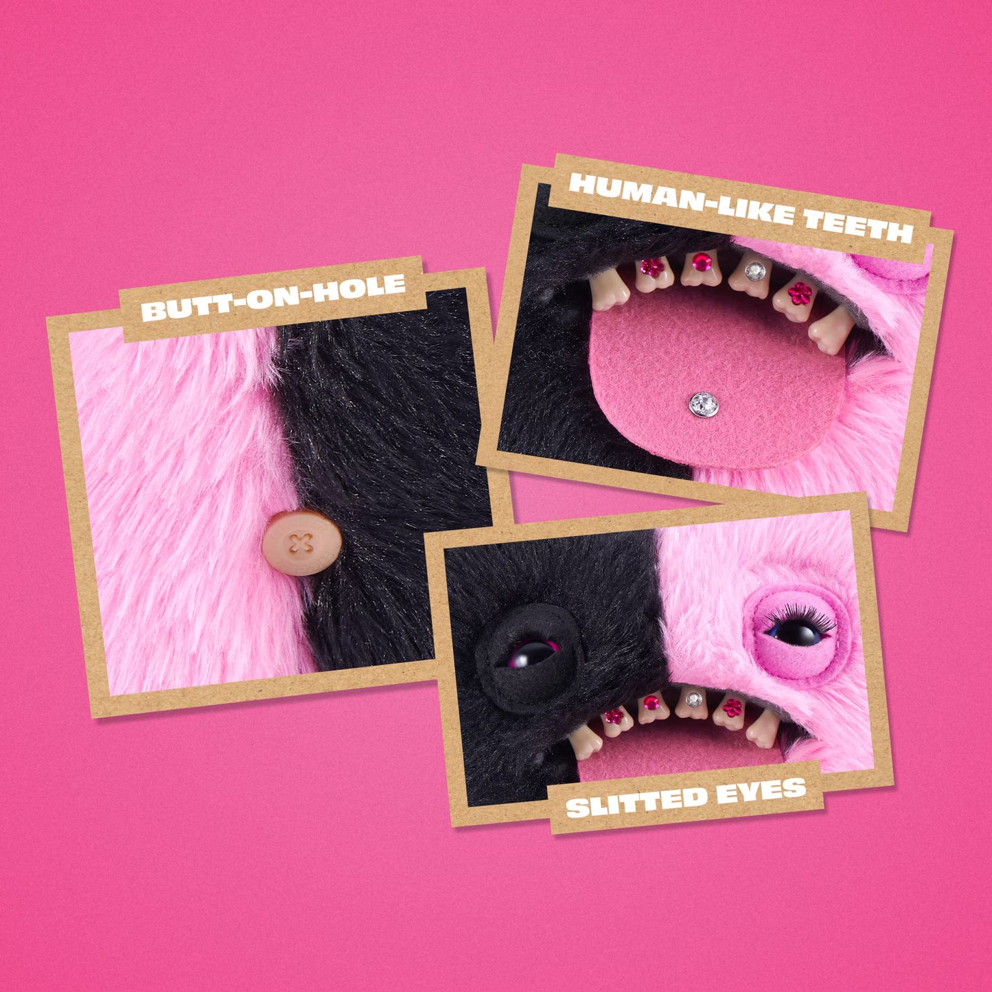 Three illustrated product detail panels on a bright pink background, labeled 'BUTT-ON-HOLE,' 'HUMAN-LIKE TEETH,' and 'SLITTED EYES,' showing close-up details of a black-and-pink furry item with a button, teeth-like elements, and eye detail.