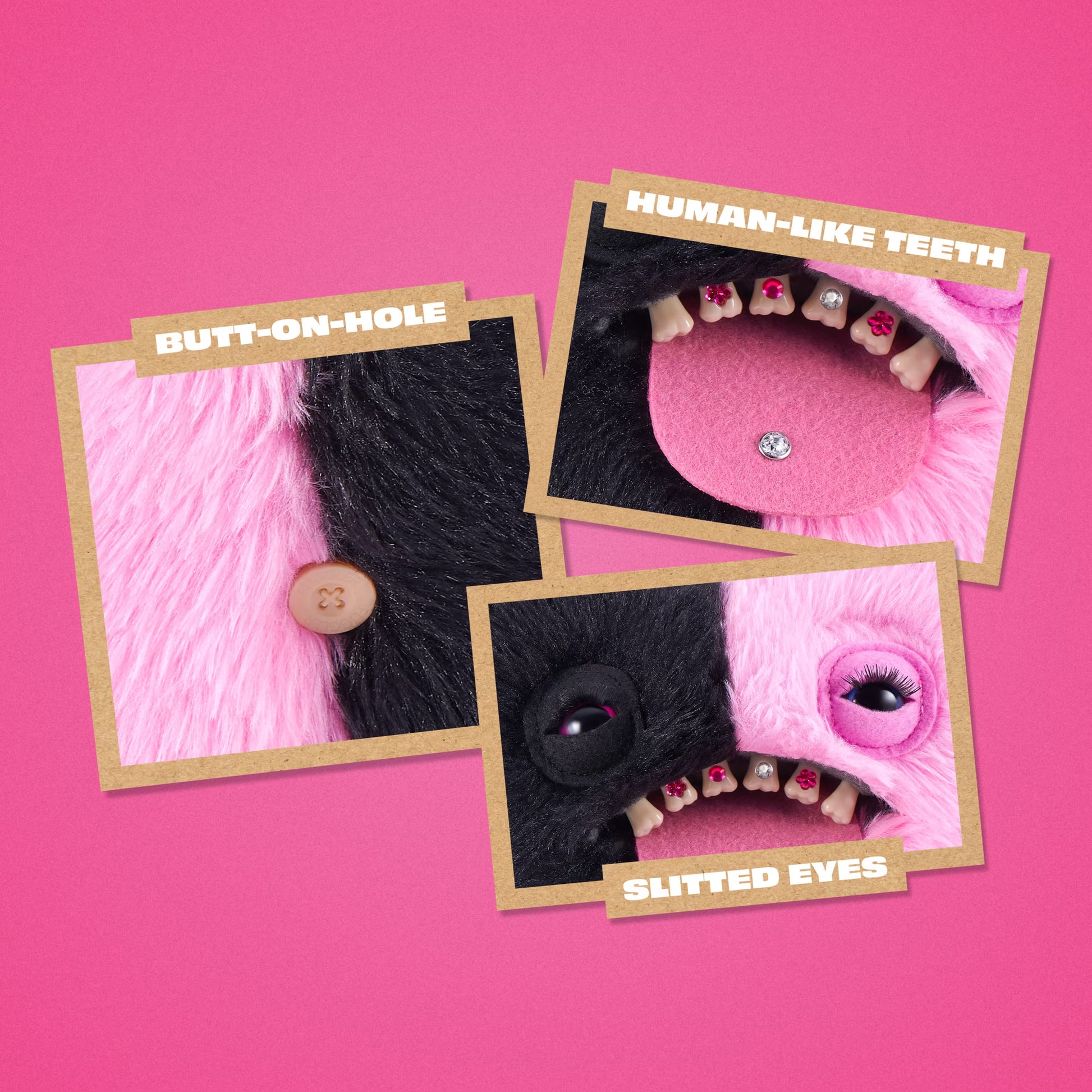 Three illustrated product detail panels on a bright pink background, labeled 'BUTT-ON-HOLE,' 'HUMAN-LIKE TEETH,' and 'SLITTED EYES,' showing close-up details of a black-and-pink furry item with a button, teeth-like elements, and eye detail.