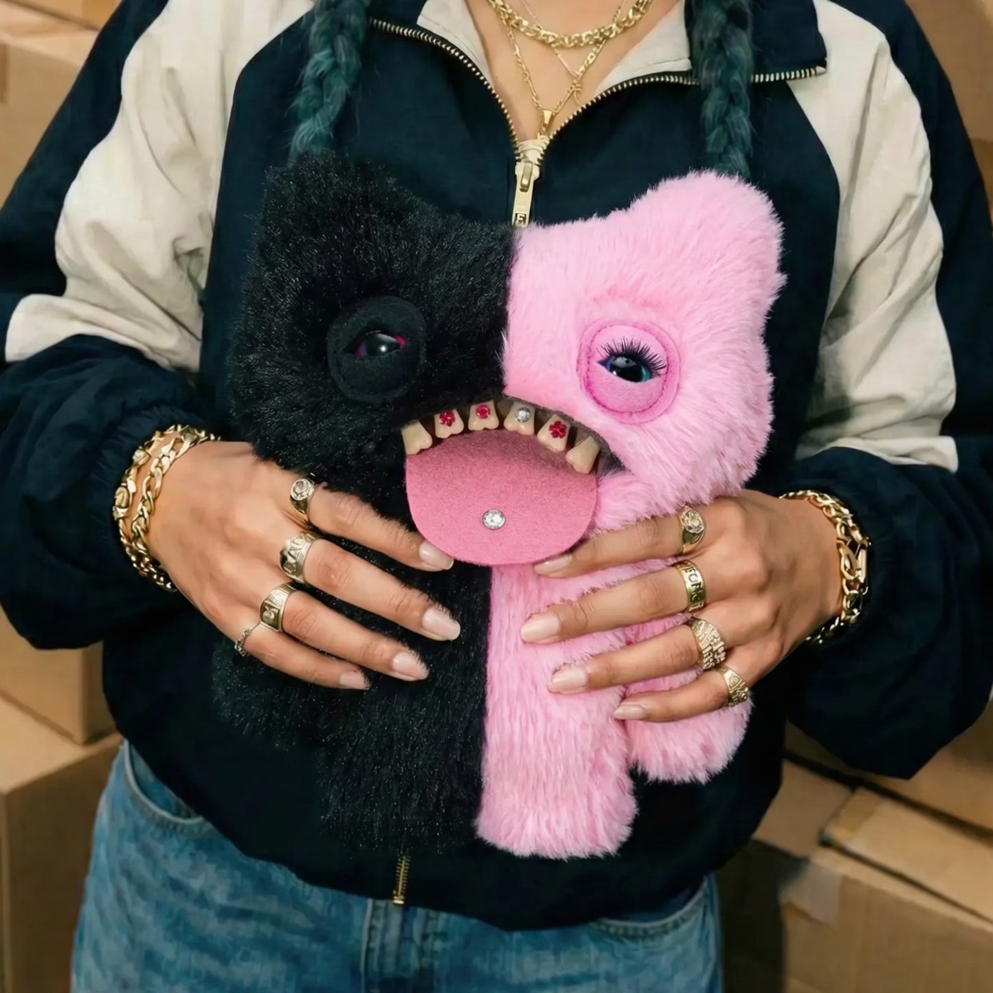 A person wearing a navy and beige zip-up jacket holds two fuzzy monster-shaped plush phone cases, one black and one pink, with one case open to show teeth and tongue details.