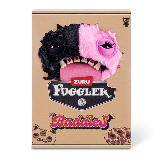 Zuru Fuggler Baddies toy packaging with black and pink monster design on a brown background