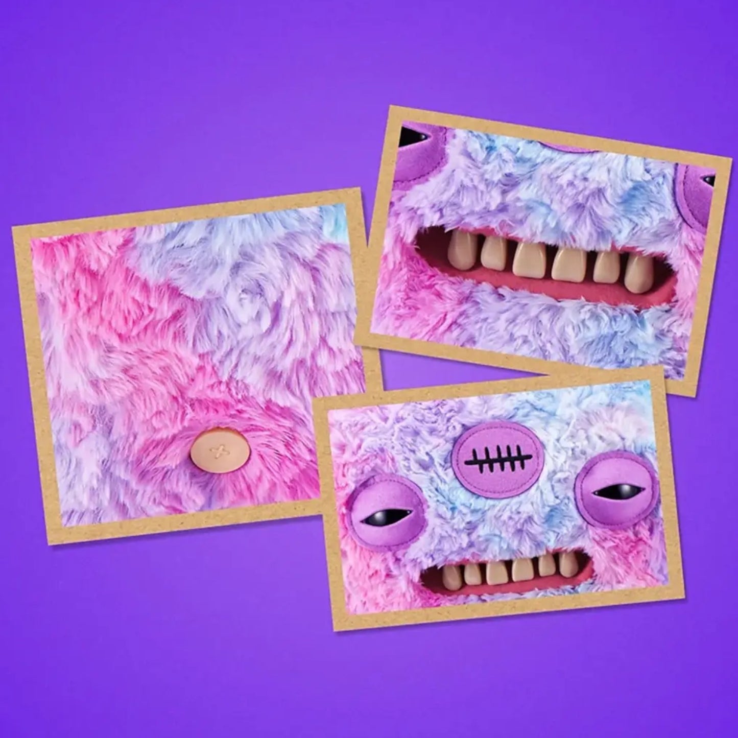 Three illustrated cards or prints with tan borders arranged on a purple background. The artwork shows a fluffy monster face in pastel pink, lavender, and blue, with one card showing a close-up of the fur texture and two cards showing the face details including eyes, stitched mouth, and teeth.
