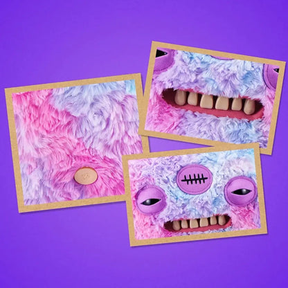 Three illustrated cards or prints with tan borders arranged on a purple background. The artwork shows a fluffy monster face in pastel pink, lavender, and blue, with one card showing a close-up of the fur texture and two cards showing the face details including eyes, stitched mouth, and teeth.