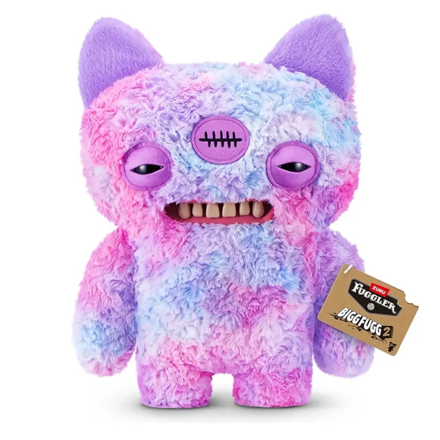 Fuggler Big Fuggs Series 2 Annoyed Alien jumbo 18-inch plush featuring purple fur, long purple hair, three eyes, pointed ears, and human-like teeth.