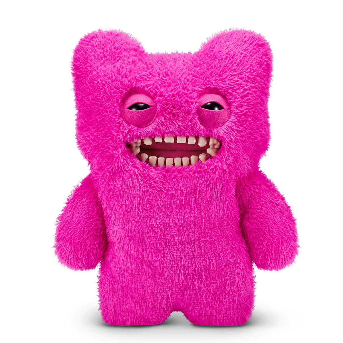 A Fuggler Bigg Fugg 18-inch Mr Buttons plush toy, featuring bright pink shaggy fur, squinting eyes, and a wide grin filled with realistic human-like teeth.