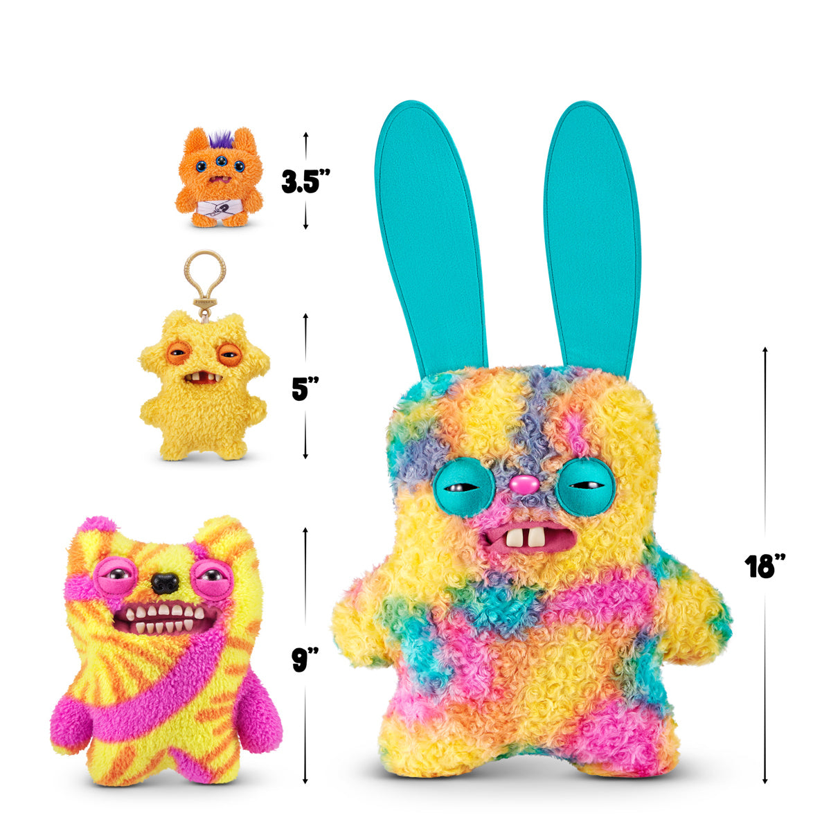 Size comparison A Fuggler Bigg Fugg 18-inch Rabid Rabbit plush toy, featuring rainbow tie-dye curly fur, large upright turquoise ears, squinting turquoise eyelids, and two large white teeth showing.