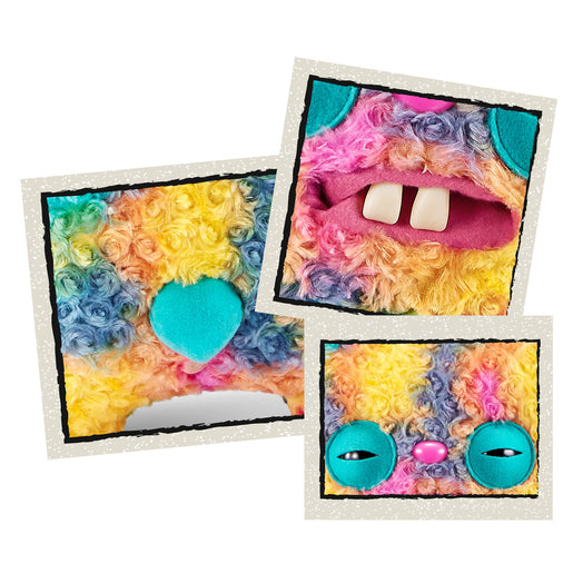 Close up of A Fuggler Bigg Fugg 18-inch Rabid Rabbit plush toy, featuring rainbow tie-dye curly fur, large upright turquoise ears, squinting turquoise eyelids, and two large white teeth showing.