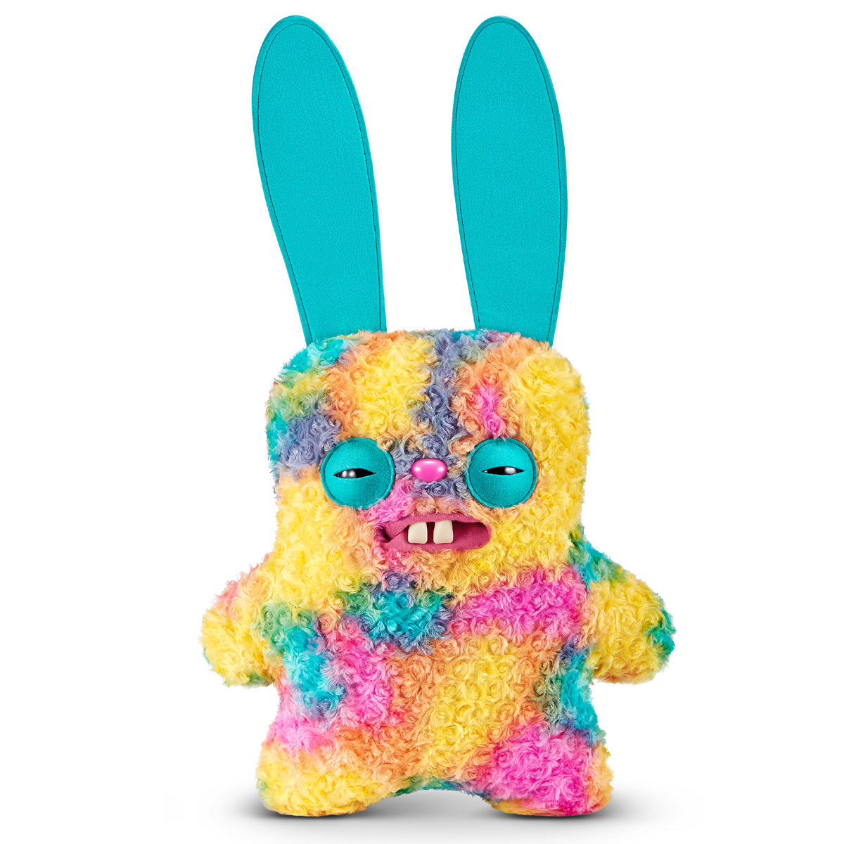A Fuggler Bigg Fugg 18-inch Rabid Rabbit plush toy, featuring rainbow tie-dye curly fur, large upright turquoise ears, squinting turquoise eyelids, and two large white teeth showing.