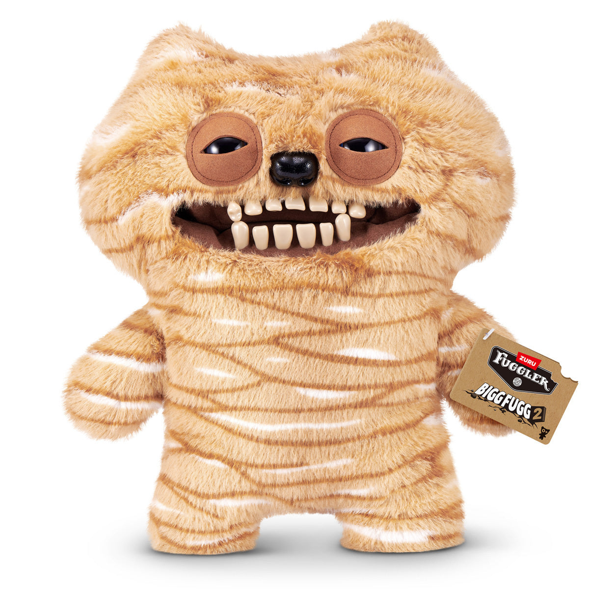 Fuggler Bigg Fugg Chuckles 18-Inch Plush featuring fuzzy tan and white striped fur, a wide mouth with human-like teeth, and heavy-lidded eyes.