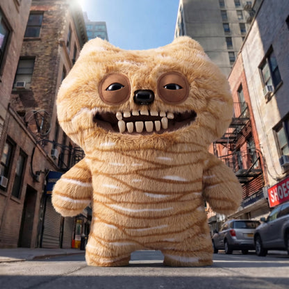 Plush toy with a cartoonish face on a city street