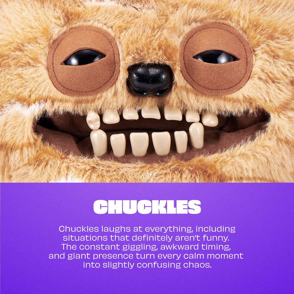 Close-up of a furry creature with a humorous expression and text about 'Chuckles' on a purple background.