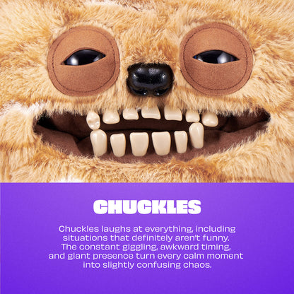 Close-up of a furry creature with a humorous expression and text about 'Chuckles' on a purple background.