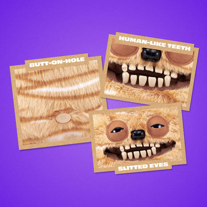 Three cardboard cutouts of a creature face with labeled features on a purple background