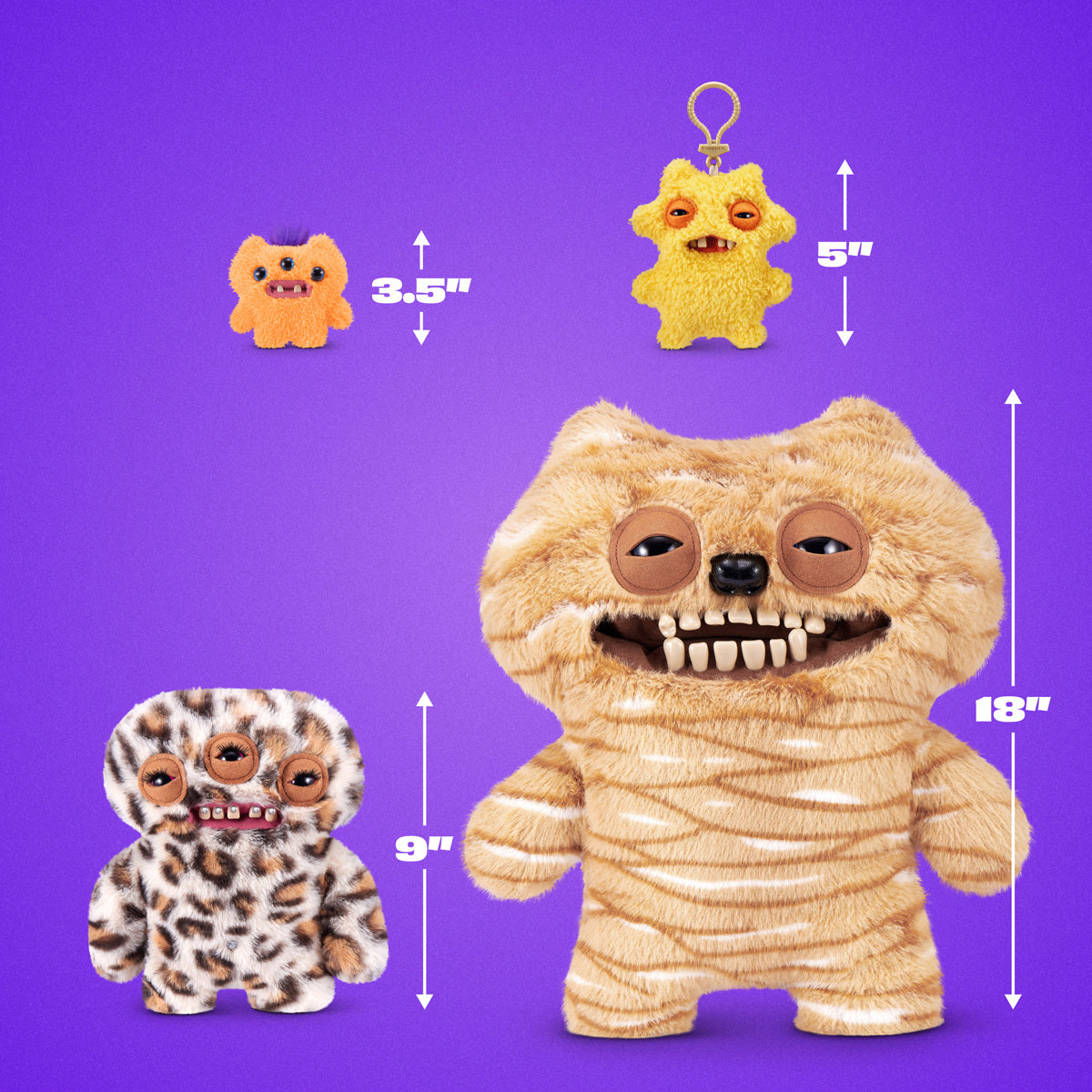 Four plush toys with measurements on a purple background