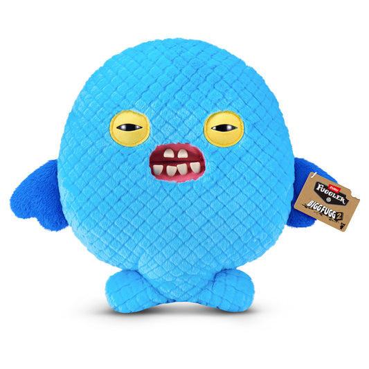 Fuggler Bigg Fugg Cod Father 18-Inch Plush featuring a round blue textured body, yellow eyes, and unsettling human-like teeth.
