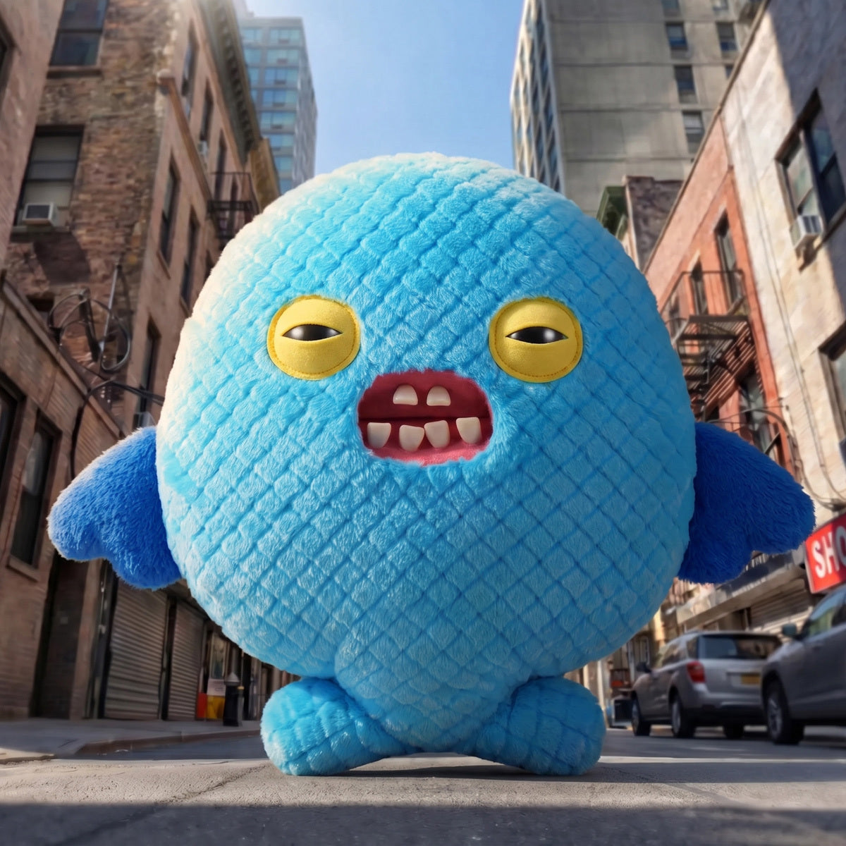 Large blue plush toy with yellow eyes and a red mouth on a city street.