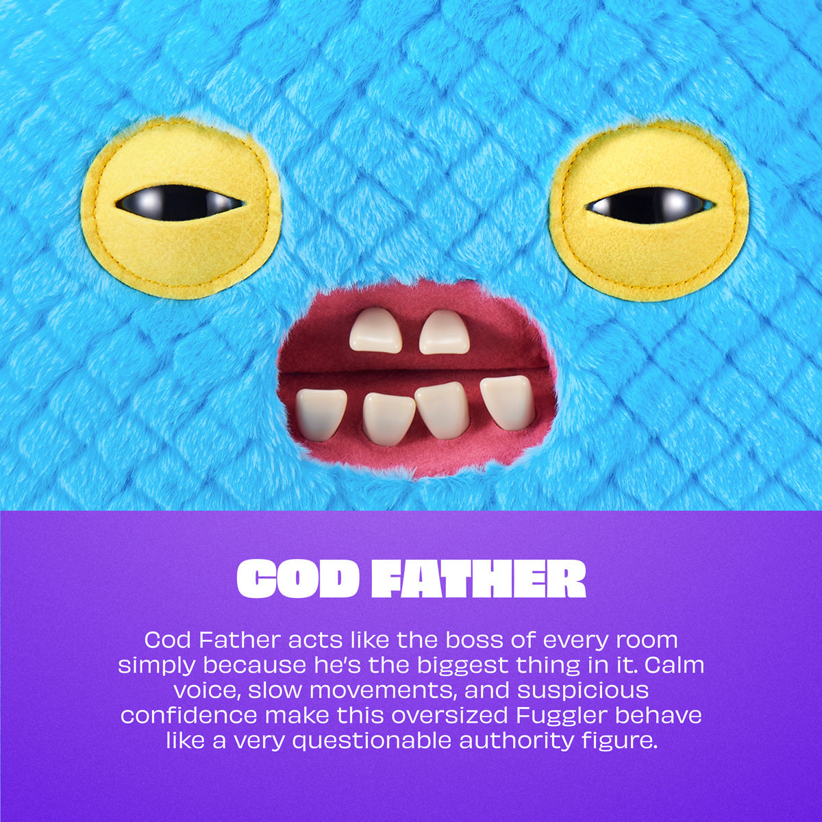 Cartoonish face with yellow eyes and red mouth on a blue textured background, featuring the text 'COD FATHER' and description.