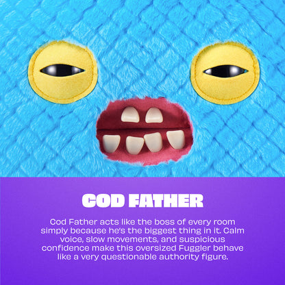 Cartoonish face with yellow eyes and red mouth on a blue textured background, featuring the text 'COD FATHER' and description.