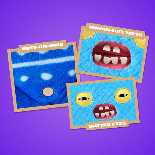 Three cards with cartoonish facial features on a purple background