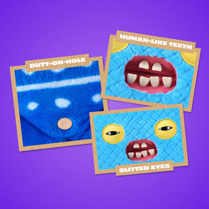 Three cards with cartoonish facial features on a purple background