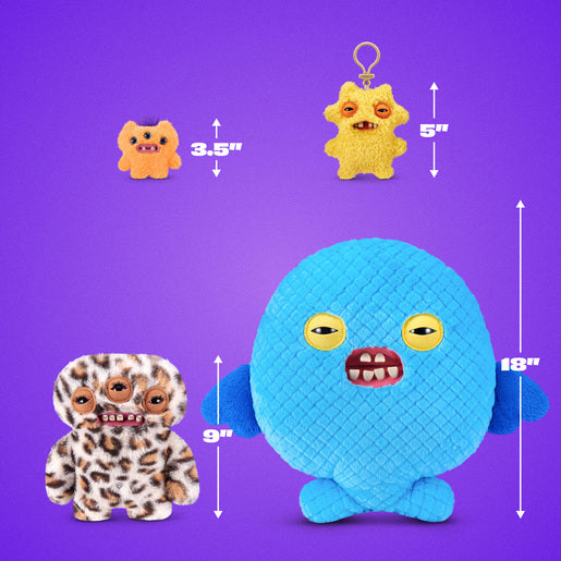 Four colorful plush toys with measurements on a purple background