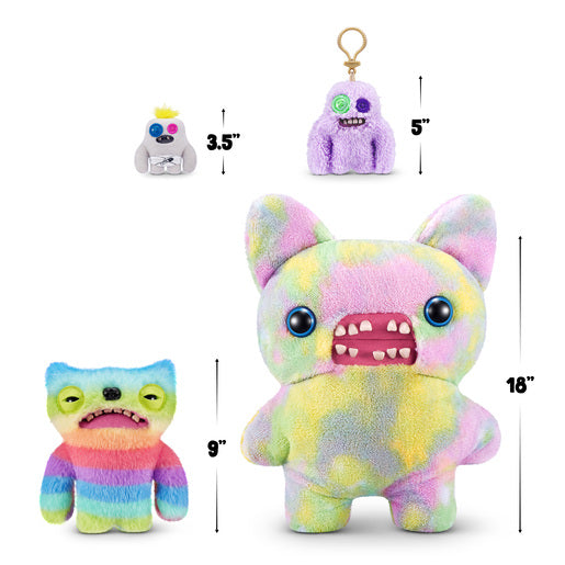 Colorful plush toy with measurements on a white background. Fuggler Bigg Fugg Gaptooth McGoo plush by ZURU, 18-inch