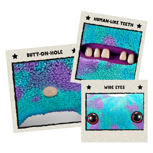 Three cards with novelty items labeled 'Butt-on-hole', 'Human-like Teeth', and 'Wide Eyes' on a textured blue and purple background. Fuggler Bigg Fugg Gaptooth McGoo plush by ZURU, 18-inch