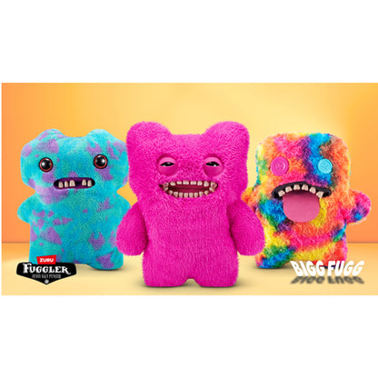 Three colorful plush toys with a yellow background, featuring the Fuggler brand. Fuggler Bigg Fugg Gaptooth McGoo plush by ZURU, 18-inch
