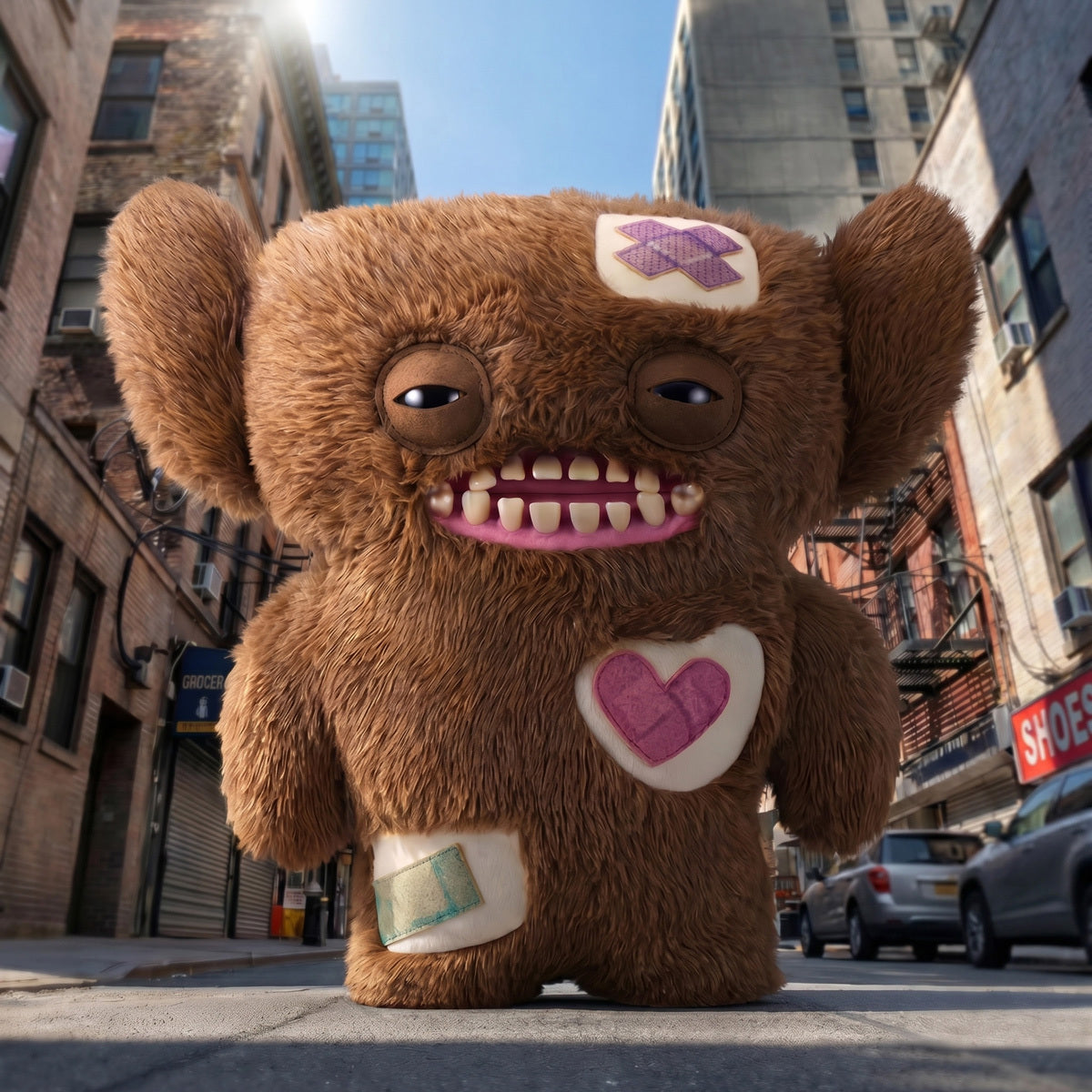 Fuggler Bigg Fugg Grumpy Grumps 18-Inch Plush featuring fuzzy brown fur, human-like teeth, and large heavy-lidded eyes on a city street