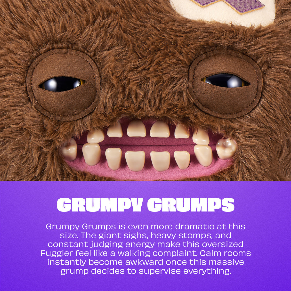 Close-up of a grumpy plush toy with text describing its characteristics.