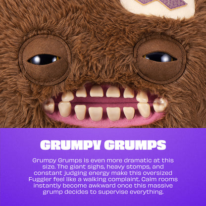 Close-up of a grumpy plush toy with text describing its characteristics.