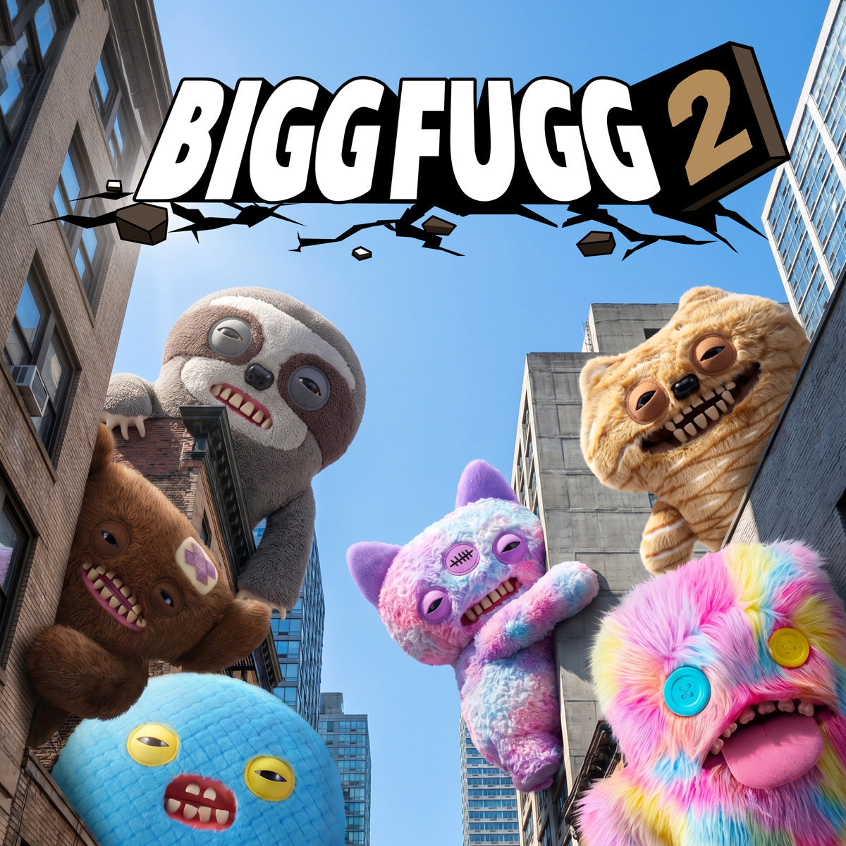 Colorful plush monsters in a cityscape with 'BIGGFUGG 2' text.