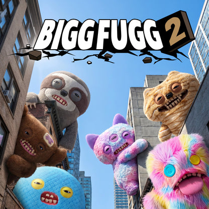 Colorful plush monsters in a cityscape with 'BIGGFUGG 2' text.