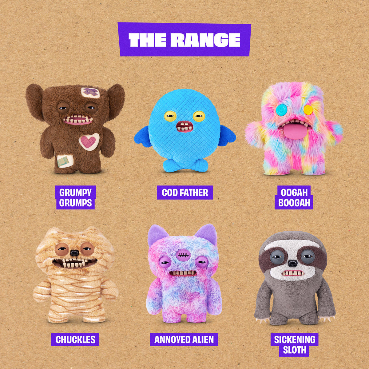 Collection of colorful plush toys with labels on a brown background