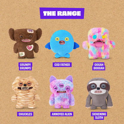 Collection of colorful plush toys with labels on a brown background