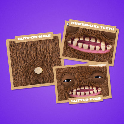 Three cards showing parts of a creature with text labels on a purple background