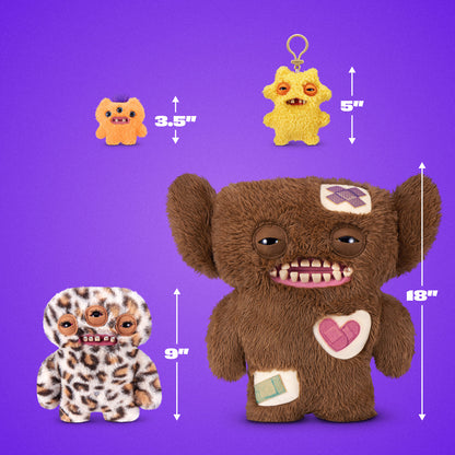 Four plush toys with measurements on a purple background