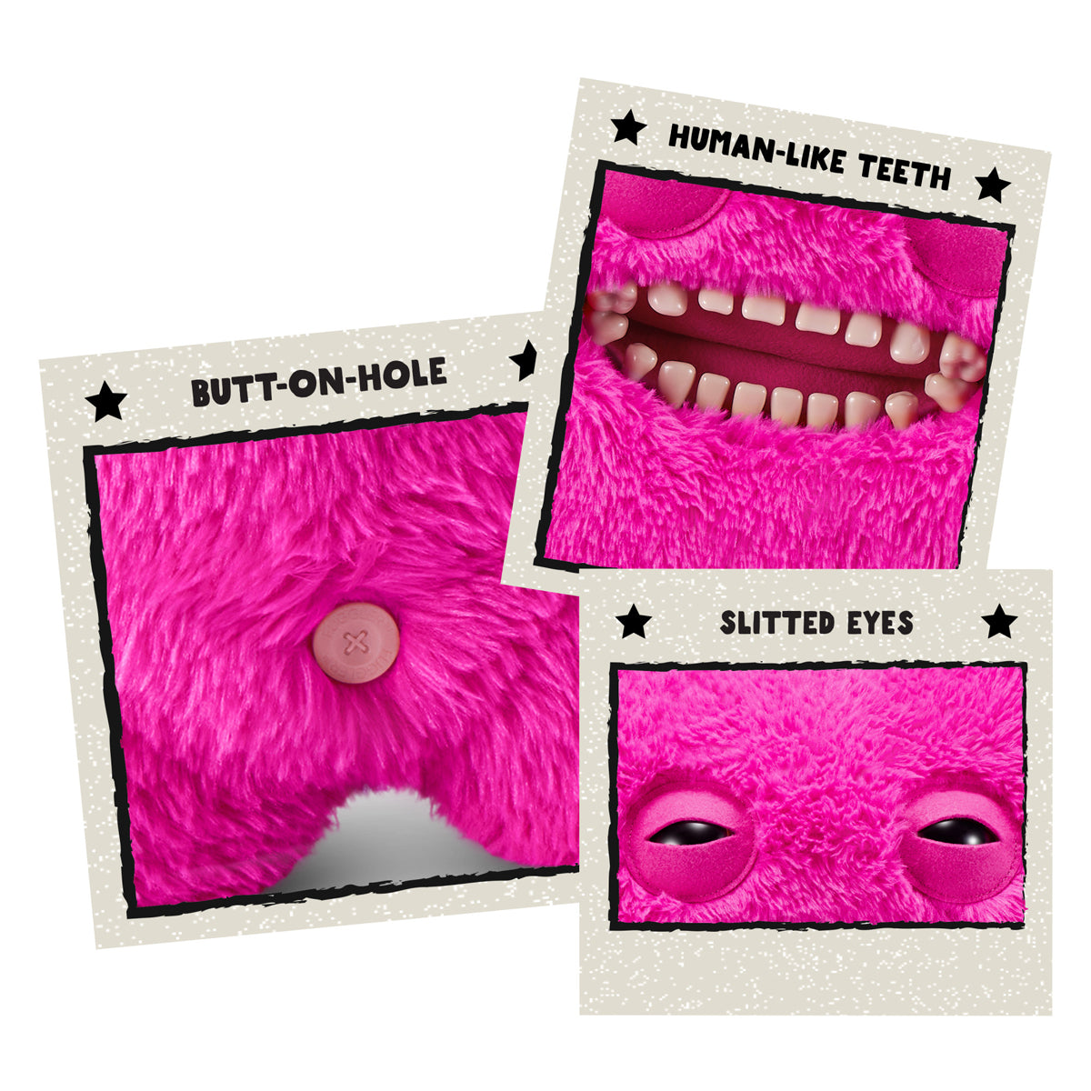 Pink furry mask with labeled features on a white background. Fuggler Bigg Fugg Mr Buttons plush by ZURU, 18-inch