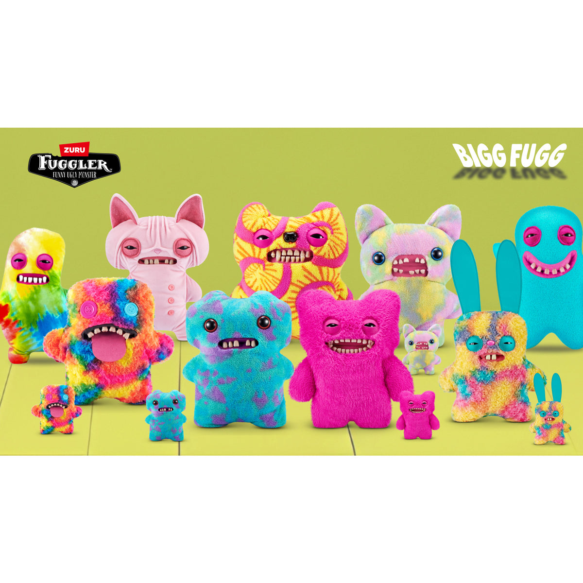 Colorful plush toys with a green background, featuring the Zuru Fuggler brand. 