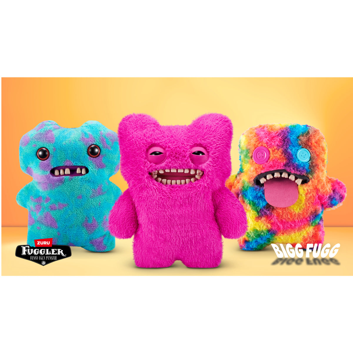 Three colorful plush toys with a yellow background. Fuggler Bigg Fuggs