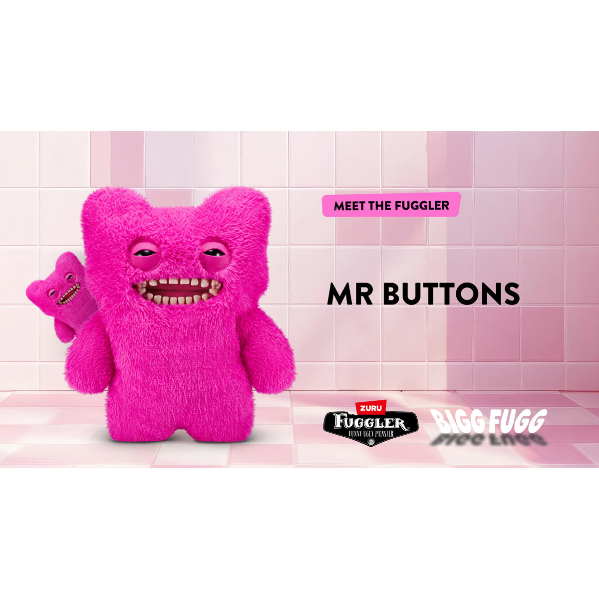 Pink plush toy with a checkered background and branding text. Fuggler Bigg Fugg Mr Buttons plush by ZURU, 18-inch