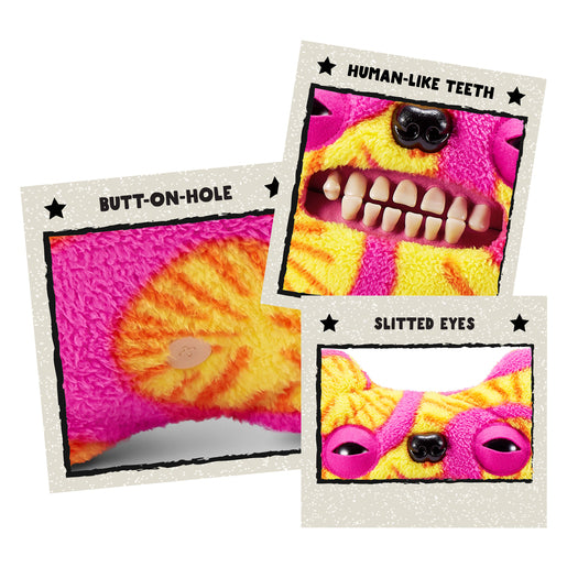 Toy with tie-dye design featuring text labels on a white background. Fuggler Bigg Fugg Old Tooth plush by ZURU, 18-inch