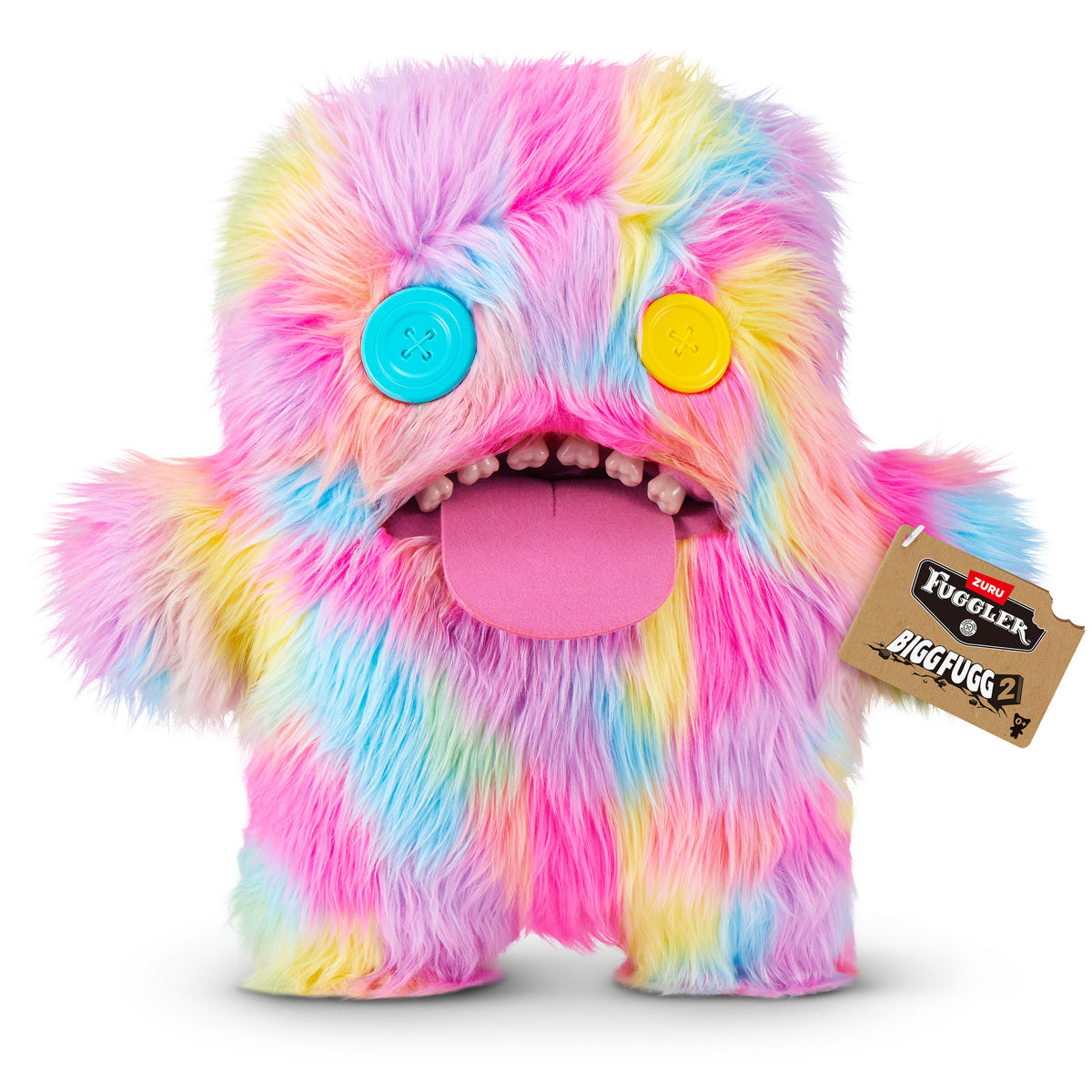 Fuggler Bigg Fugg Oogah Boogah 18-Inch Plush featuring pastel tie-dye fur, mismatched button eyes, a pink tongue, and human-like teeth.