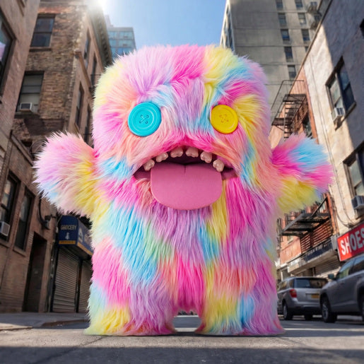 Colorful fluffy monster toy on a city street
