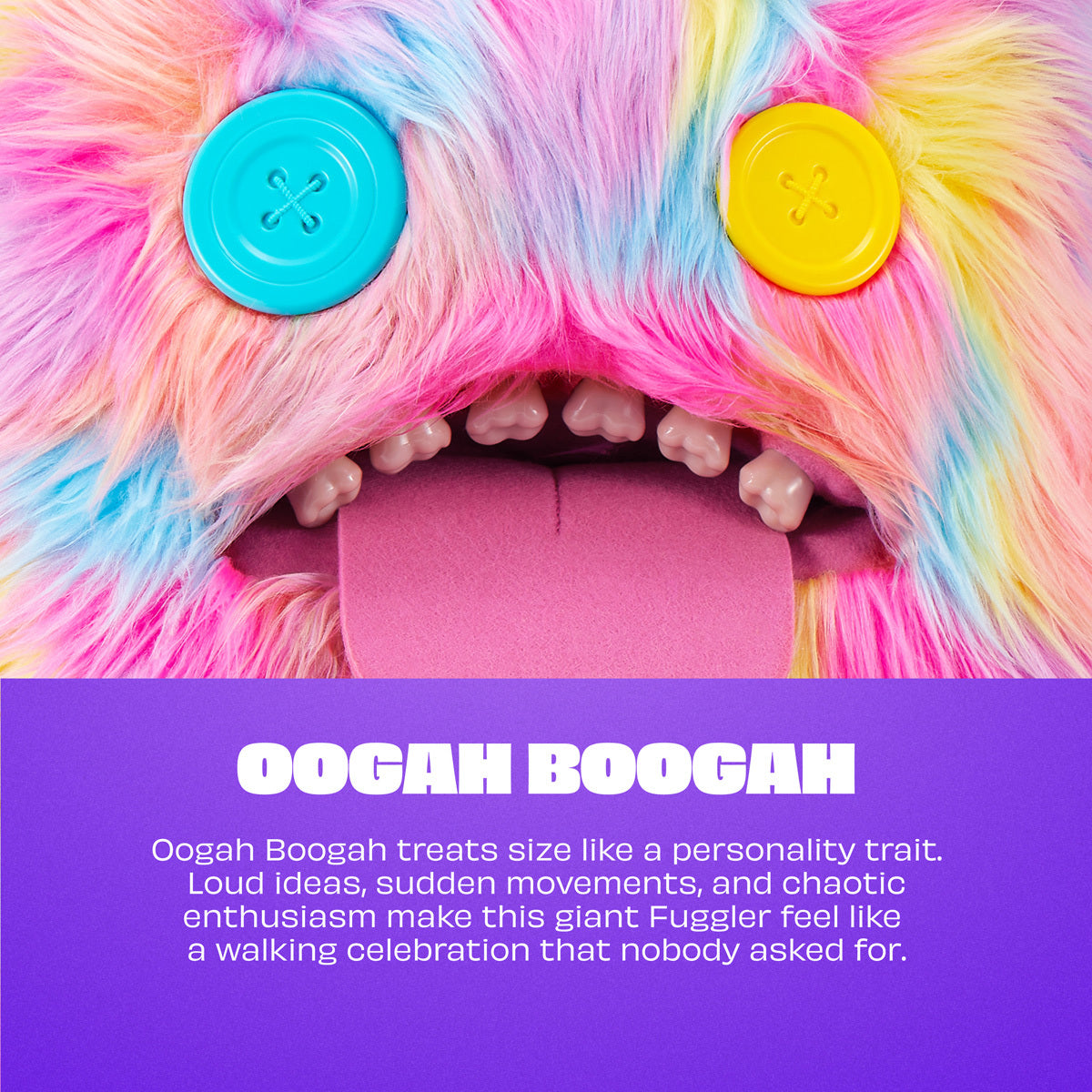 Colorful fuzzy toy with buttons and a text description on a purple background