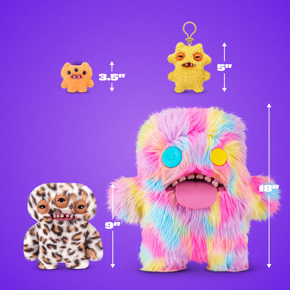 Colorful plush toy with size indicators on a purple background