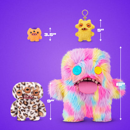 Colorful plush toy with size indicators on a purple background