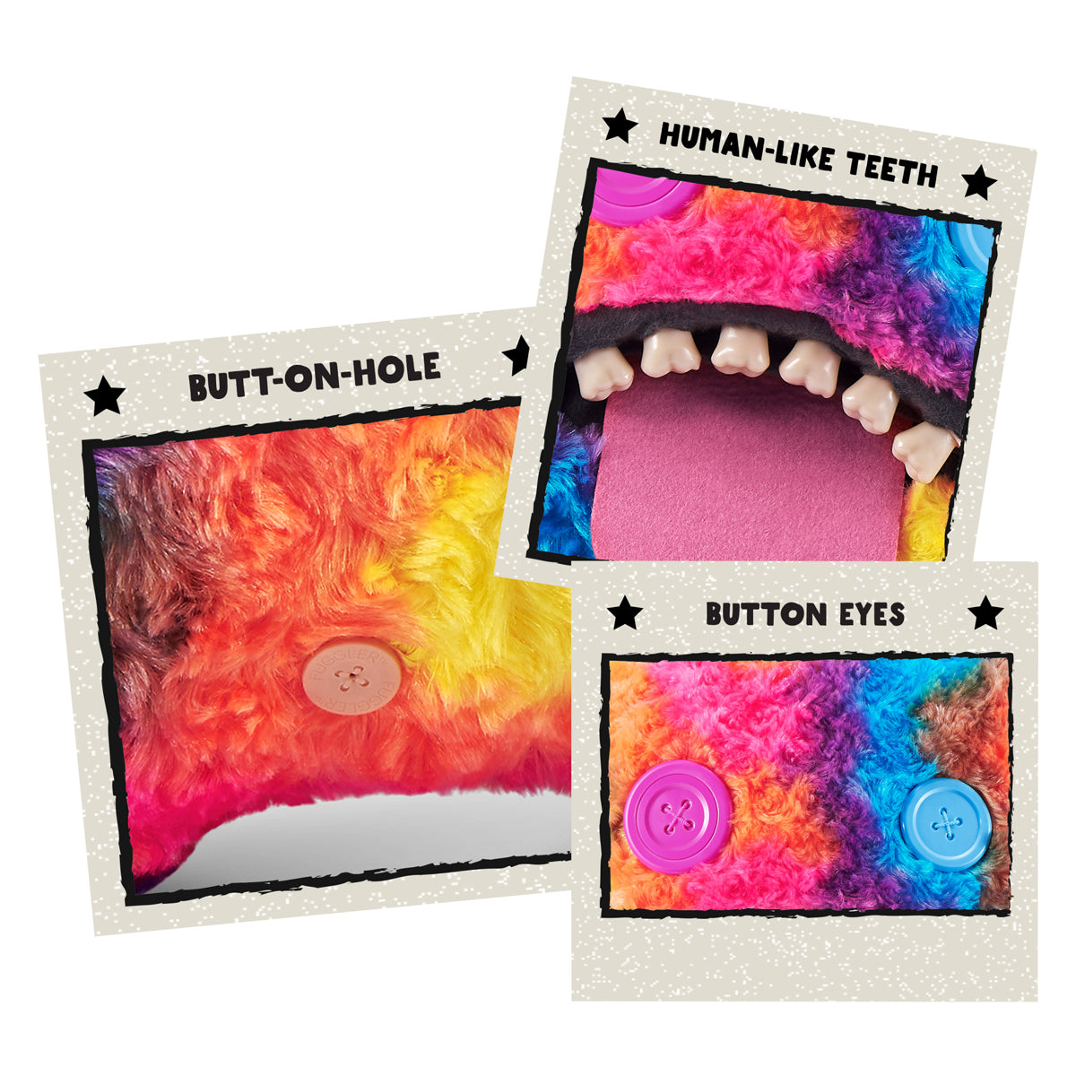 Colorful card with 'Butt-on-hole', 'Human-like Teeth', and 'Button Eyes' designs on a white background. Fuggler Bigg Fugg Oogah Boogah plush by ZURU, 18-inch