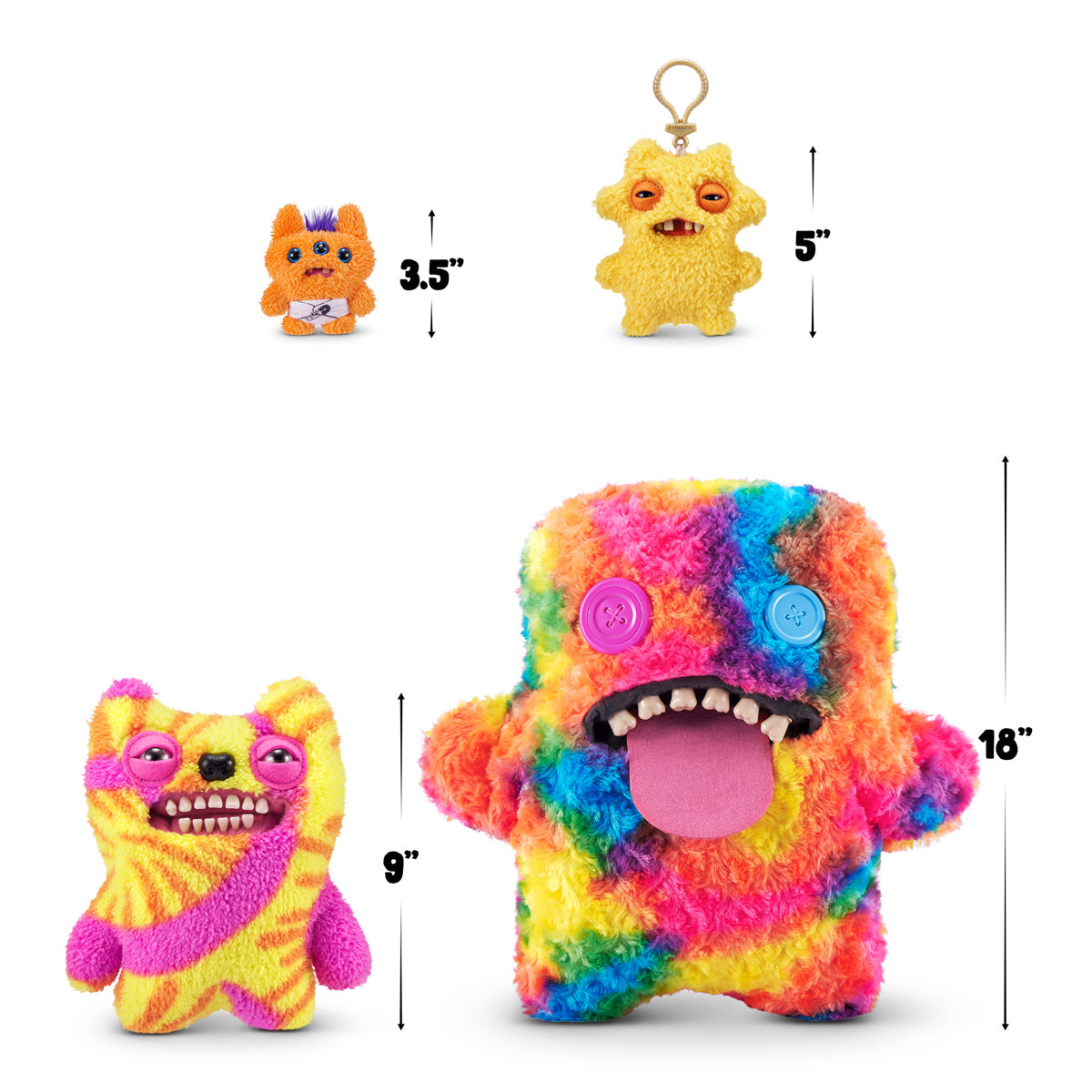 Colorful plush toy with measurements on a white background. Fuggler Bigg Fugg Oogah Boogah plush by ZURU, 18-inch