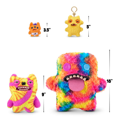 Colorful plush toy with measurements on a white background. Fuggler Bigg Fugg Oogah Boogah plush by ZURU, 18-inch
