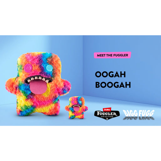 Colorful plush toy with 'Oogah Boogah' text and Zuru branding on a blue background. Fuggler Bigg Fugg Oogah Boogah plush by ZURU, 18-inch